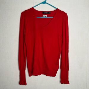 Ralph Lauren Red Sweater‎ Womens Medium Black Label Ruffled Long Sleeve V Neck